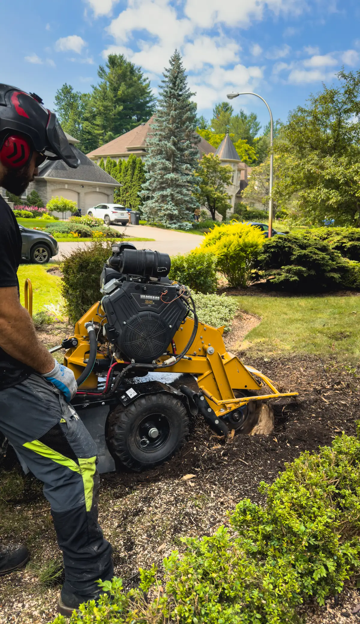 Essouchage mécanique effectué dans une cour résidentielle à Lorraine